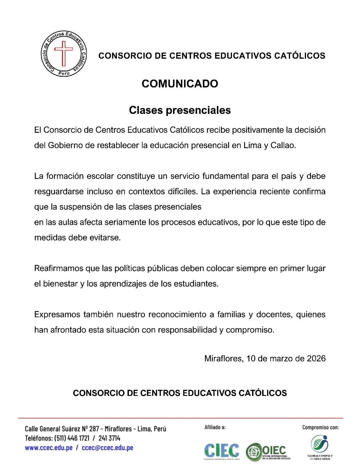Restablecimiento de la educación presencial en Lima y Callao