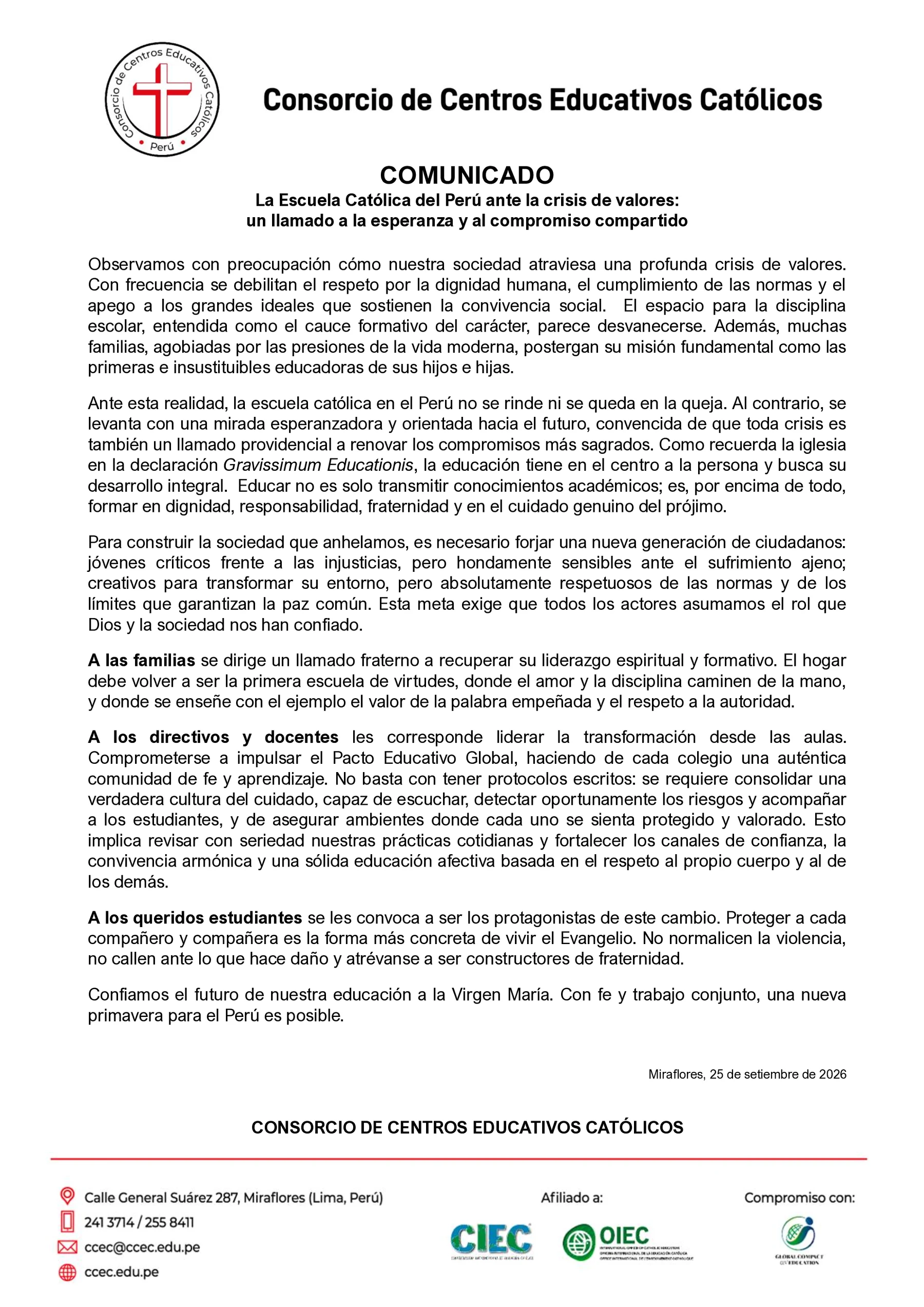 La Escuela Católica del Perú ante la crisis de valores: un llamado a la esperanza y al compromiso compartido