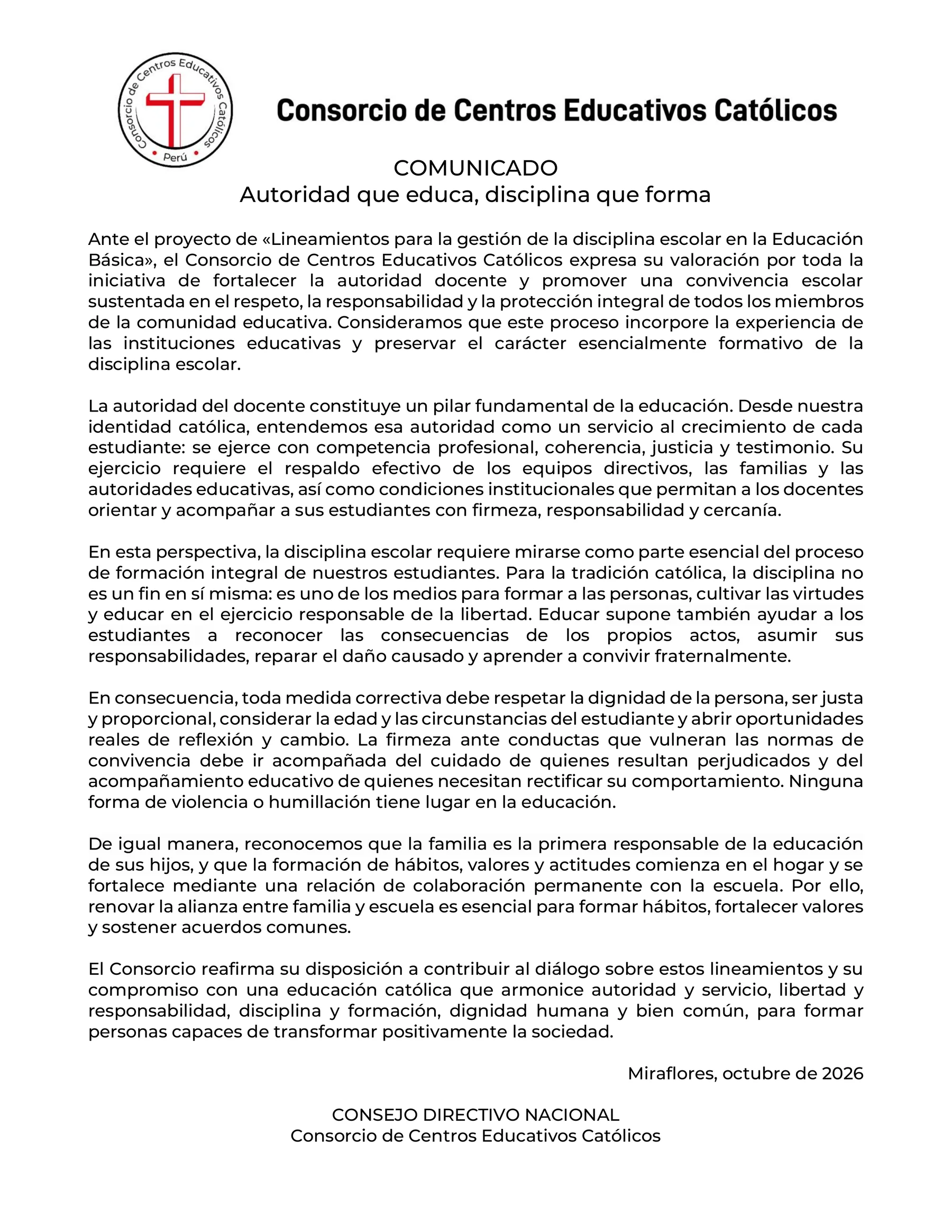 Autoridad que educa, disciplina que forma