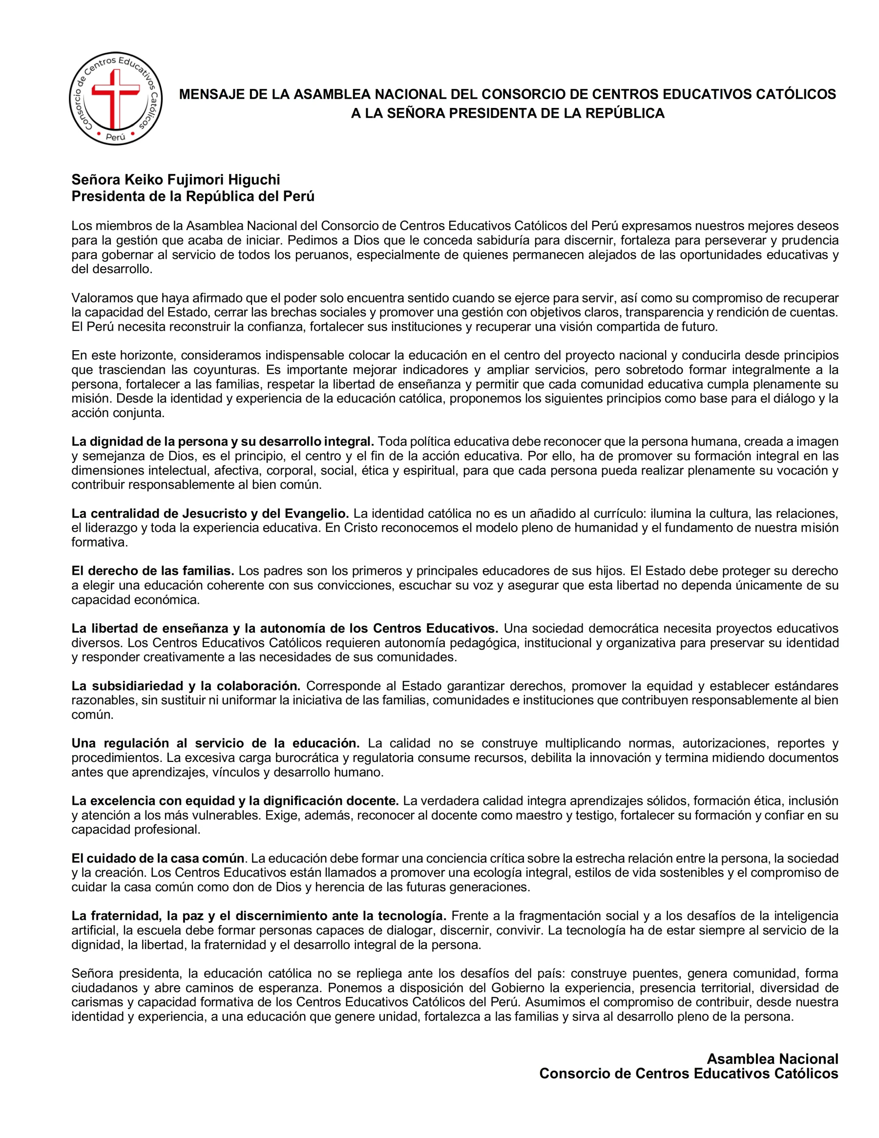 Mensaje de la Asamblea Nacional a la Presidenta de la República